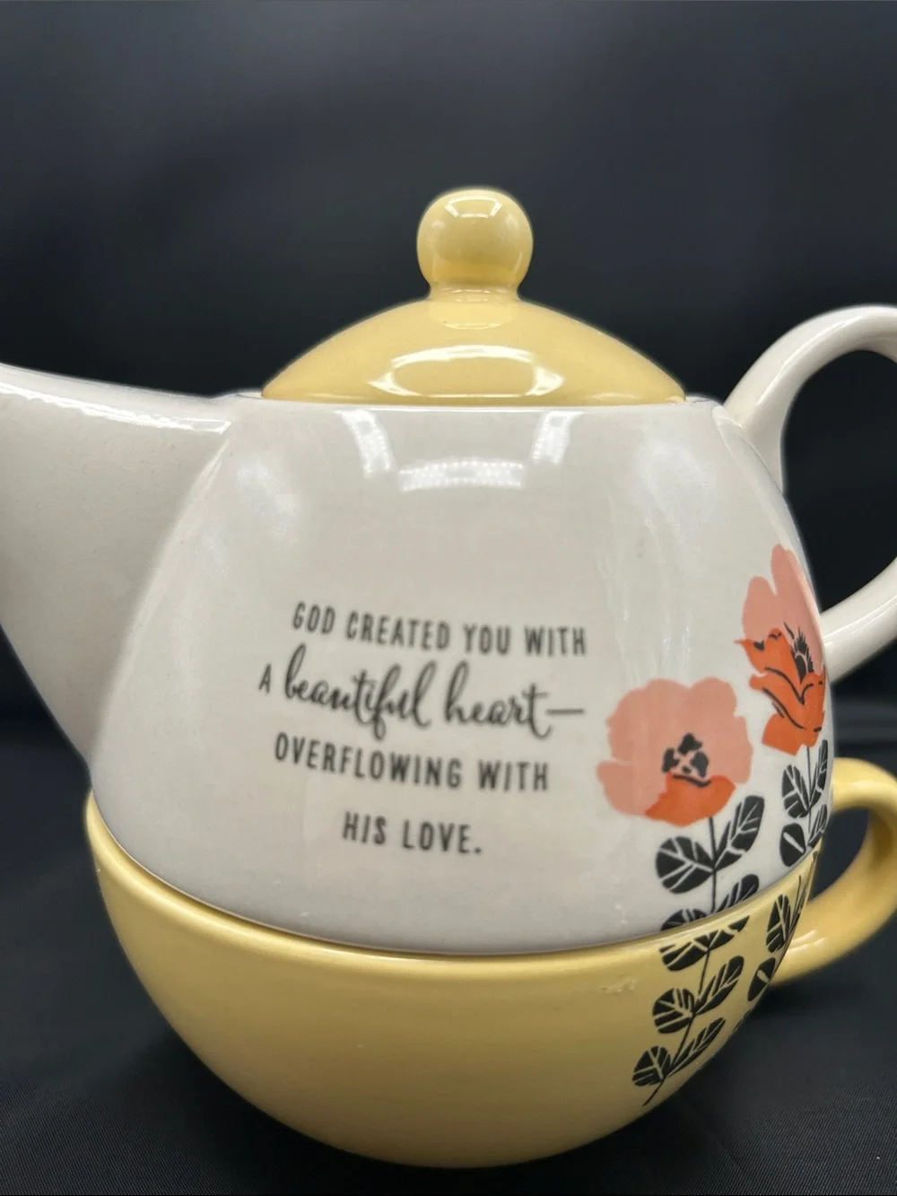 EUC DaySpring Tea for One Set Teapot & Cup Philemon 1:7 Yellow Floral
